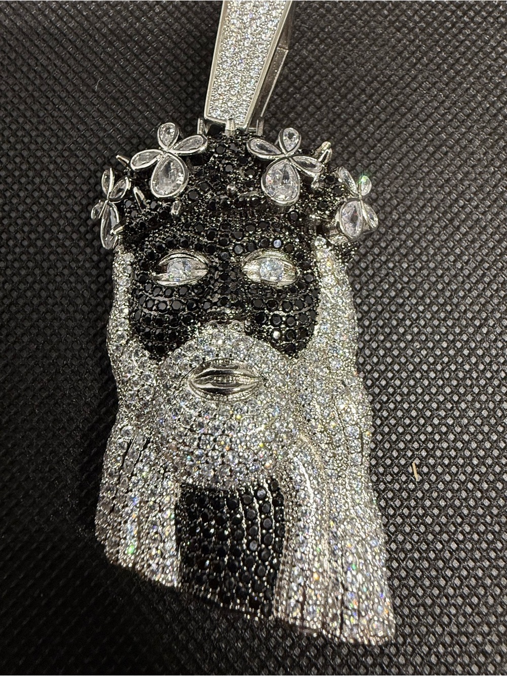Silver & Black Moissanite Pavé Jesus Head Pendant - Men's Accessory